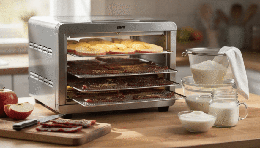 The image shows a food dehydrator with trays filled with apple slices, strips of beef jerky, and containers of homemade yogurt, highlighting the drying process for various foods. This great machine features adjustable thermostat and accurate temperature control, making it ideal for creating delicious dried fruits and jerky.
