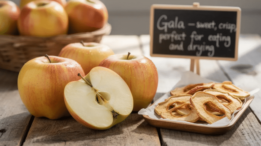The image shows a selection of sliced Gala apples arranged on a dehydrator tray, showcasing their sweet and crisp texture ideal for dehydrating. These apple slices are ready for the drying process, promising to transform into delicious dried apple chips, perfect for a healthy snack.