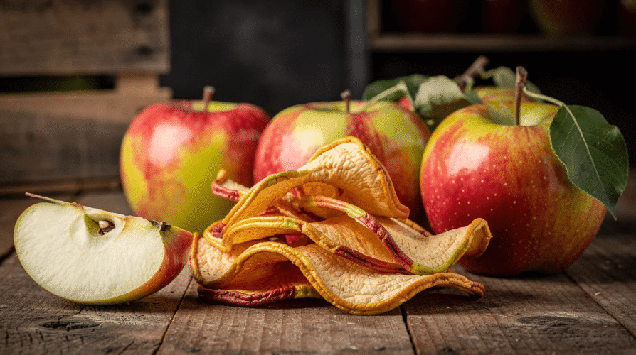 The image showcases a collection of Gravenstein apples, known for their tart flavor and intense apple taste, arranged on a wooden surface. Some apple slices are displayed alongside, emphasizing their potential for dehydrating into flavorful apple chips, perfect for a healthy snack.