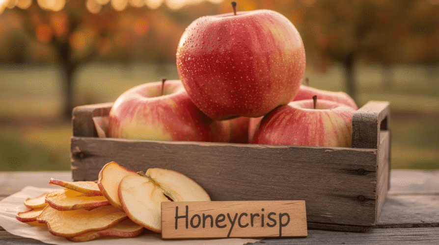 The image features a close-up of fresh Honeycrisp apples, showcasing their firm texture and vibrant color, ideal for dehydrating into delicious apple chips. These apples, known for their juicy and sweet-tart flavor, are perfect for making dried apple slices or adding to baked goods.