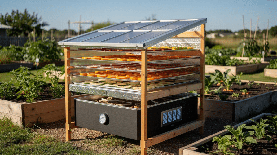 September 17, 2026 | The image depicts a solar food dehydrator designed for off-grid living, featuring multiple drying trays stacked within a wooden frame, exposed to sunlight. This solar dehydrator is ideal for small scale food producers, allowing for the preservation of fruits, vegetables, and meats through a natural dehydration process.