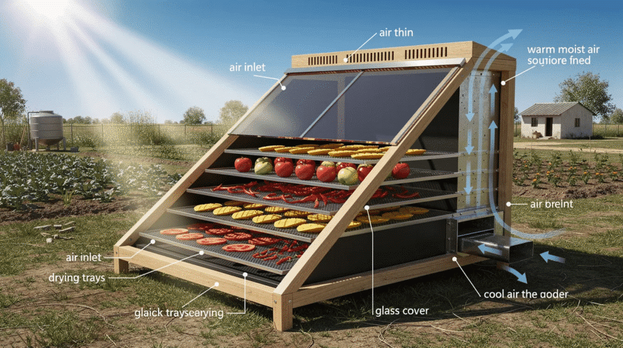 September 17, 2026 | The image depicts a solar dryer for food, showcasing a passive solar dehydrator with multiple drying trays designed for fruits, vegetables, and meats. It features a transparent drying chamber that allows sunlight to enter, promoting efficient moisture removal while ensuring food safety and preservation.