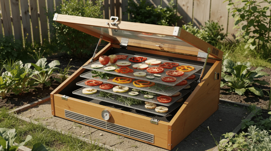 September 17, 2026 | The image depicts a solar food dehydrator designed for off-grid living, featuring multiple drying trays stacked within a wooden frame, exposed to sunlight. This solar dehydrator is ideal for small scale food producers, allowing for the preservation of fruits, vegetables, and meats through a natural dehydration process.
