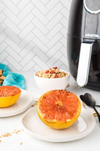 breakfast scene of grapefruit and granola cereal with air fryer