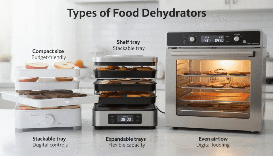 The image showcases various types of food dehydrators, including stackable and shelf tray designs. It highlights features like adjustable temperature control and compact size, emphasizing their usability for drying fruits, vegetables, and making homemade snacks like beef jerky and apple chips.
