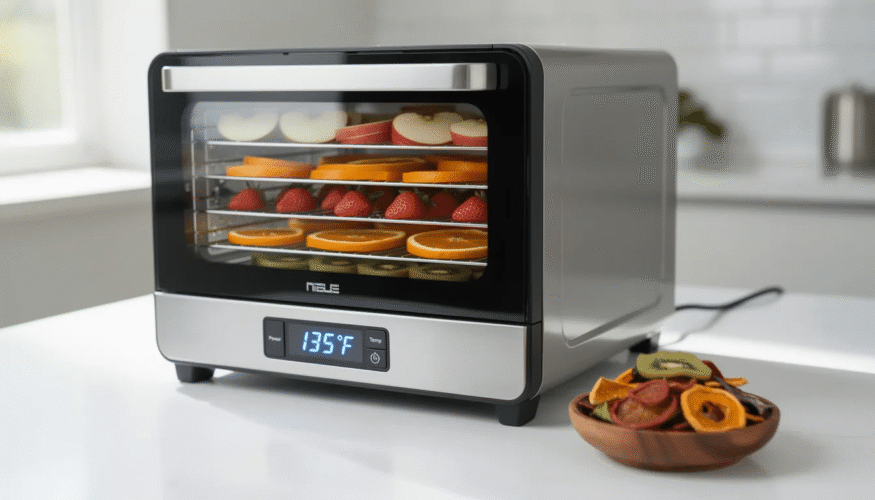 The image features a compact food dehydrator with four stainless steel trays, showcasing various dehydrated snacks like apple chips and beef jerky. It includes a digital control panel for precise temperature control, making it an efficient choice for food preservation and creating homemade snacks.