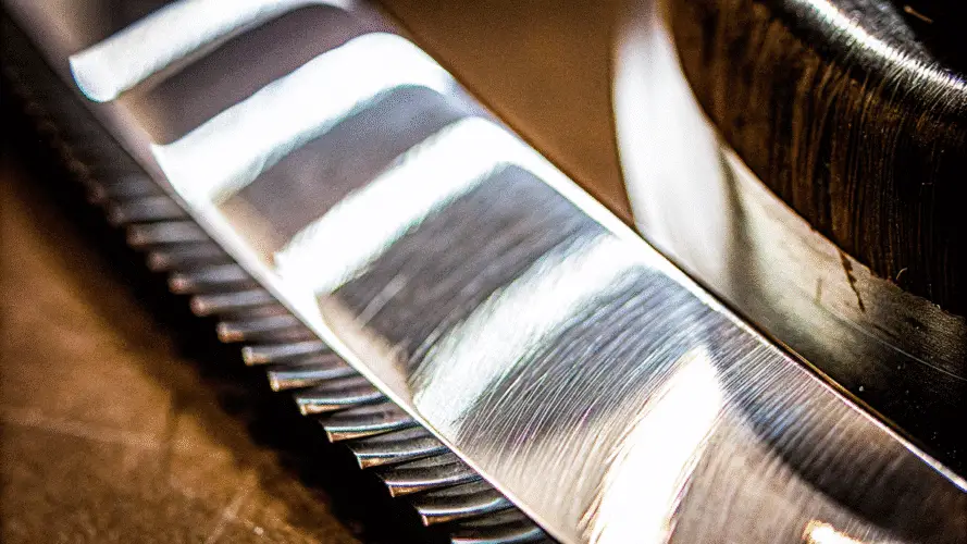 A closeup of a Chromium Plated Steel Blade of a meat slicer.