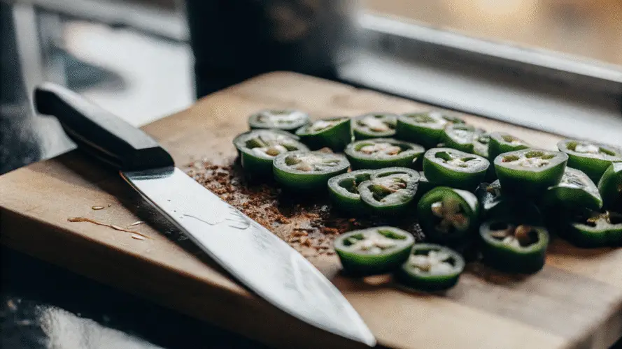 A chopping board with sliced jalapenos in neat rounds, alongside a sharp knife. The seeds and stems are set aside in a small pile.