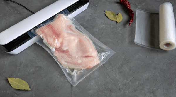 Fish vacuum selaed in a bag next to vacuum sealer and bag roll