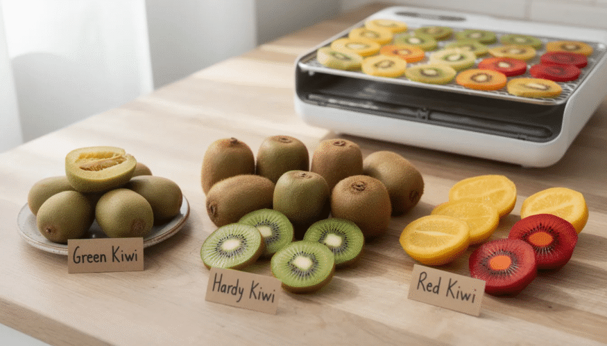 The image depicts various ripe kiwi fruits, showcasing different varieties including hardy kiwi, golden kiwi, and red kiwi, all selected for their sweet flavor and soft texture. These fresh kiwis are arranged neatly, emphasizing the importance of choosing high-quality fruit for dehydrating into delicious, chewy dried kiwi slices.