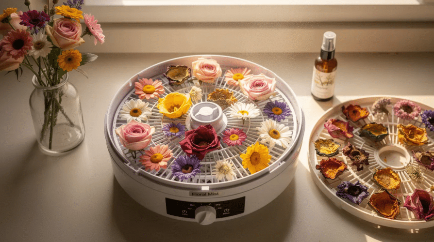 The image shows a food dehydrator filled with freshly cut flowers arranged in a single layer on a sheet pan, ready to be dried out. This method not only preserves the flowers for long-term storage but also allows for creative uses such as making potpourri to enhance home decor with a floral scent.
