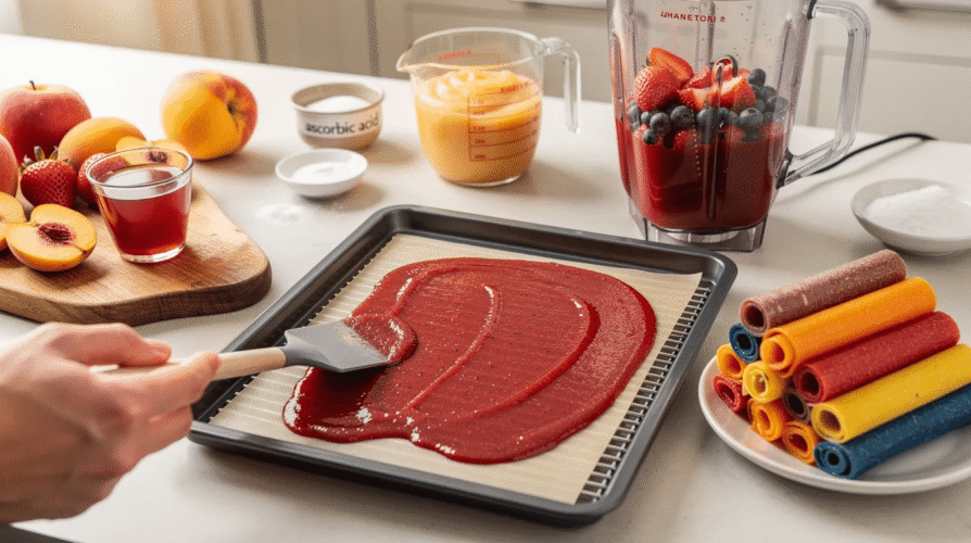 The image shows a vibrant array of homemade fruit roll-ups made from pureed fresh fruit, cut into strips and rolled up for easy snacking. These healthy fruit leathers, made using a food dehydrator, offer a nutritious alternative to store-bought snacks, free from additives and preservatives.
