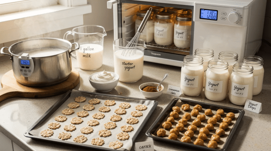 The image shows the process of making yogurt using a food dehydrator, featuring jars filled with milk and yogurt mixture placed inside the dehydrator. This method allows for easy preparation and long-term storage of delicious homemade yogurt snacks.