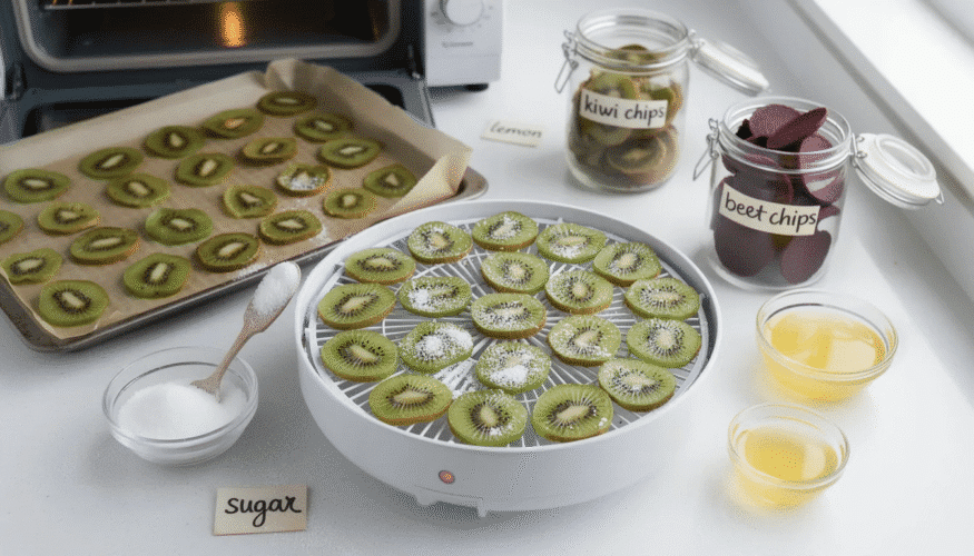 The image shows a vibrant display of dehydrated kiwi chips, arranged in a single layer on a baking sheet lined with parchment paper. These chewy, sweet, and tangy dried kiwi slices resemble colorful candy, making them a delicious and healthy snack option.