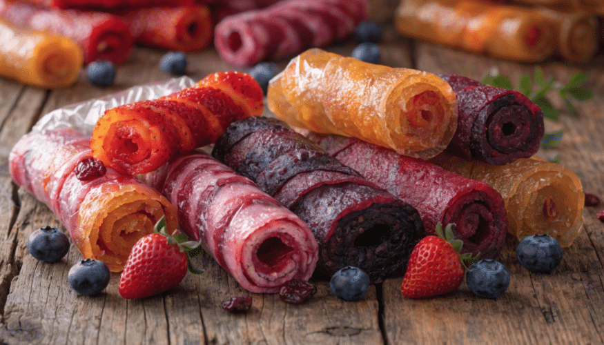 The image showcases a variety of fruit leathers, including colorful fruit strips in flavors like strawberry mango and grape mango, displayed in appealing packaging. These chewy, gluten-free snacks are made from fresh fruits, offering a delicious and fun treat for kids and adults alike.