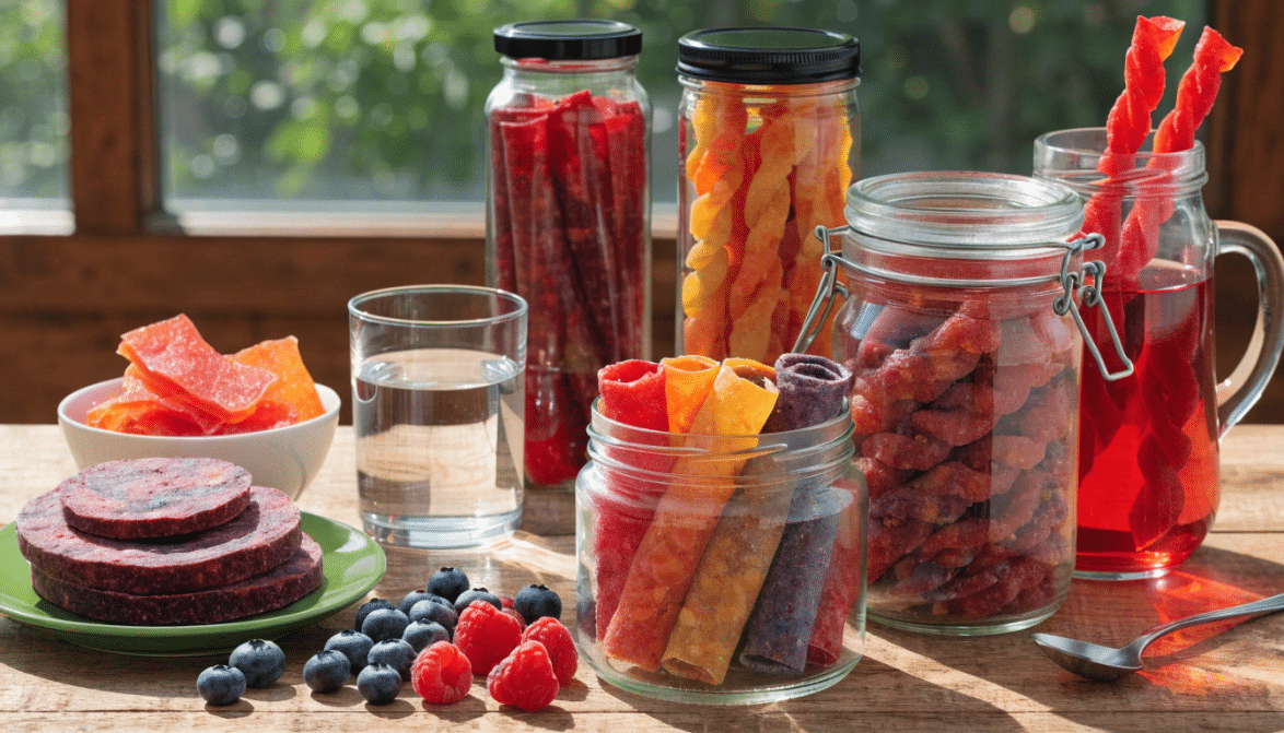 Fruit leather rolls in a jar.