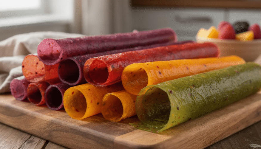 The image showcases a variety pack of fruit leather, featuring colorful strips in flavors like strawberry mango, grape mango, and strawberry tie dye. These gluten-free, chewy snacks are perfect for kids, offering a delicious and fun way to enjoy fresh fruit without added sugar.