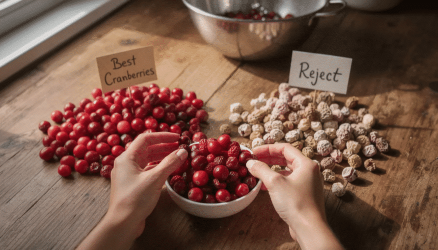 The image depicts a variety of cranberries, including fresh cranberries and dried cranberries, arranged on a wooden table alongside ingredients like maple syrup and parchment paper. This visual emphasizes the process of choosing the right cranberries for delicious recipes, whether they are used fresh, dehydrated, or as sugar-free dried cranberries in baking or salads.