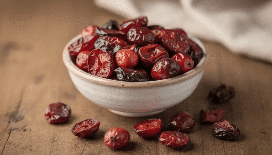The image shows a bowl of dried cranberries, showcasing their rich, dark red color and slightly chewy texture. These dehydrated cranberries can be used in various delicious recipes, adding a sweet and tart flavor to salads, baked goods, or enjoyed as a healthy snack.
