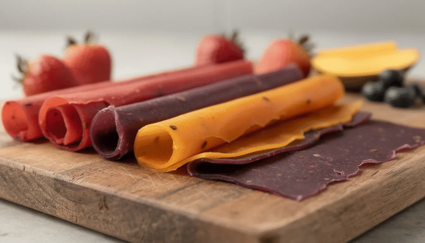 The image showcases a variety pack of fruit leather, featuring colorful fruit strips in flavors like strawberry mango and grape mango. Each soft and chewy piece is designed to be a delicious, gluten-free snack for kids, offering a fun and sweet taste experience.