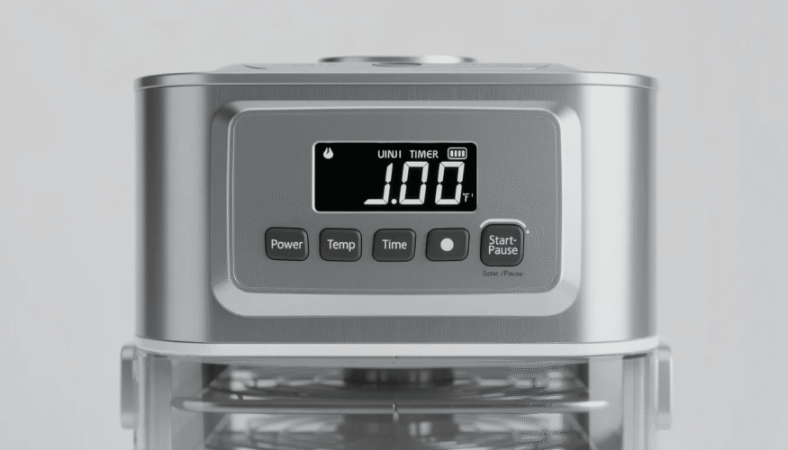 A close-up view of the control panel and settings of a Chard 10 tray dehydrator, showcasing various temperature options for effective dehydrating of fruits, vegetables, and meats. The panel features a simple design with easy-to-read buttons, allowing users to monitor the dehydration process and ensure perfect airflow for evenly dried snacks.