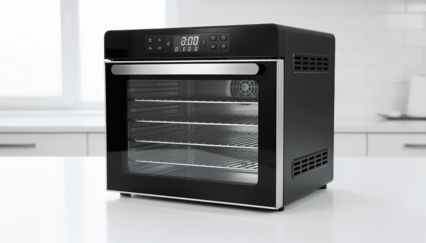 The image features a sleek black food dehydrator with a clear acrylic door, showcasing its trays filled with various food items like fruits and vegetables. This effective and affordable dehydrator is designed for efficient dehydrating, providing perfect airflow and proper heat retention for evenly dried snacks.