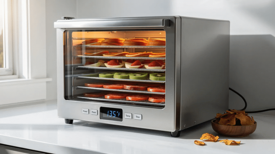 The image depicts a modern food dehydrator with multiple stainless steel trays stacked inside, showcasing various dehydrated foods like beef jerky, dried fruit, and sweet potatoes. The device features temperature controls and a timer option, emphasizing its capabilities for making jerky and fruit leather while ensuring an efficient drying process through warm air circulation.