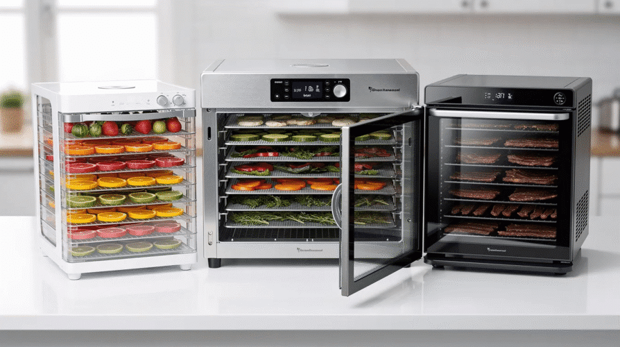 The image features a modern food dehydrator with stainless steel trays stacked vertically, showcasing various dehydrated foods such as beef jerky, dried fruits, and sweet potatoes. The device highlights temperature controls and a timer, emphasizing its efficiency in the drying process for making jerky and fruit leather.