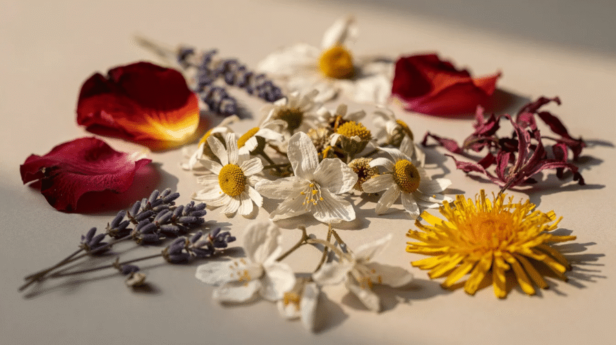 The image showcases a variety of beautiful blooms, including rose petals, lavender, and chamomile, all prepared for the drying process. These fresh flowers are arranged on a drying rack, emphasizing the method of air drying flowers to create stunning dried flowers for potpourri and decorative purposes.
