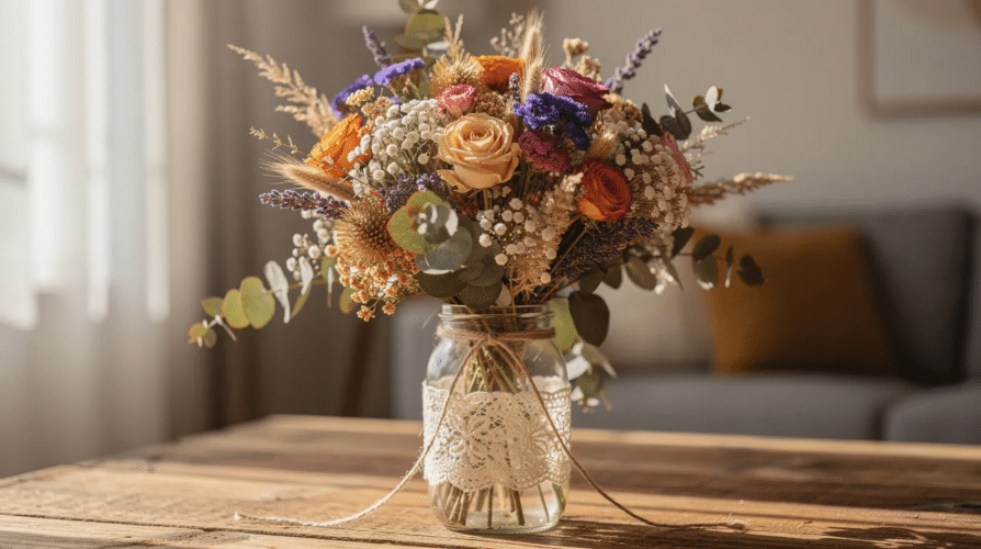 The image showcases a beautiful bouquet of dried flowers, featuring an eclectic mix of colorful blooms and foliage, elegantly wrapped in lace and twine. This unique arrangement, displayed in a glass jar, highlights the beauty of dried flowers that can last for years, perfect for creating a special touch in any space.