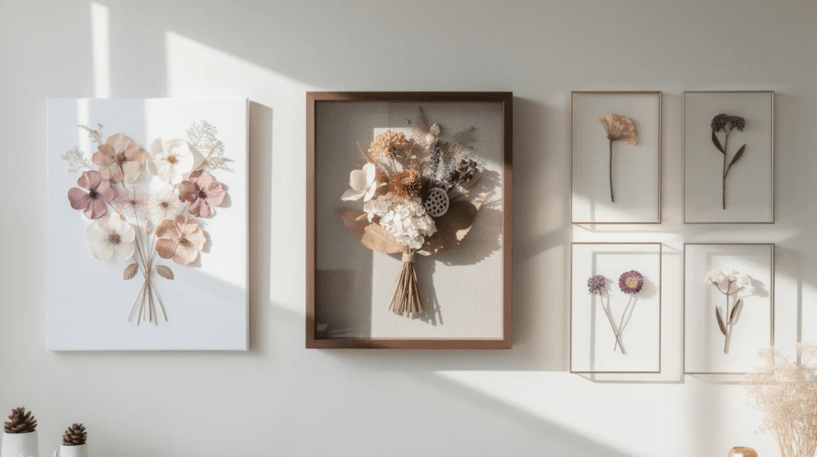The image showcases a stunning floral wall art display featuring an arrangement of dried flowers, including roses and lavender, elegantly mounted in a shadow box. The vibrant colors of the preserved blooms contrast beautifully against the backdrop, highlighting the artistry of using dried flowers to create unique home decor.