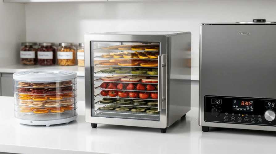 The image features a modern food dehydrator with stainless steel trays stacked vertically, showcasing various dehydrated foods such as beef jerky, dried fruits, and sweet potatoes. The device highlights temperature controls and a timer, emphasizing its efficiency in the drying process for making jerky and fruit leather.