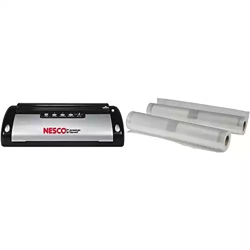 Nesco VS-02 Food Vacuum Sealer, Black/Silver and Nesco VS-04R Replacement Roll Bags, 11.0-Inch by 19.69-Feet, 2-Pack Bundle