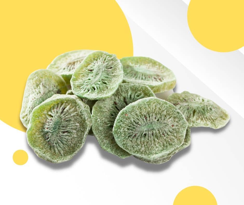 sliced freeze dried kiwis on white background surrounded by yellow circles