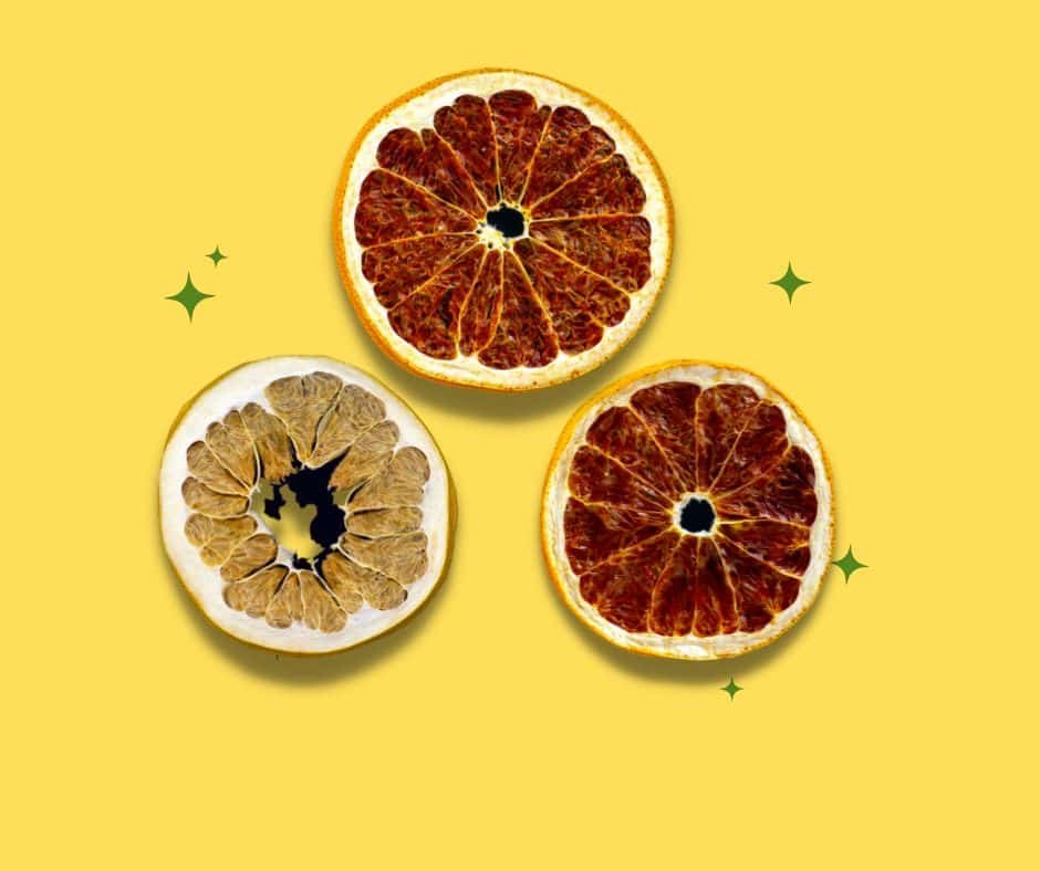 Three slices of dehydrated grapefruit on yellow background