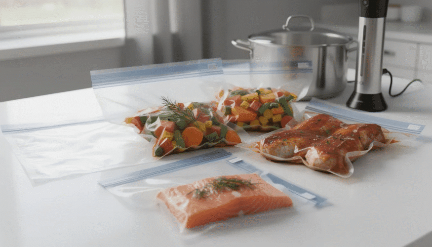 The image features a variety of reusable silicone sous vide bags designed for sous vide cooking, showcasing their versatility for food storage and preservation. These bags are ideal for vacuum sealing, helping to remove air and prevent freezer burn, making them a sustainable alternative to single-use plastic bags.
