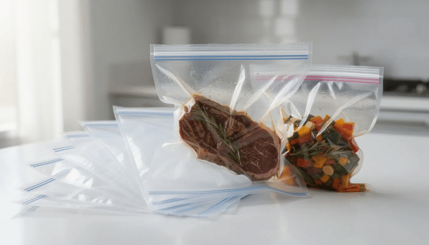 The image features a variety of reusable silicone sous vide bags designed for sous vide cooking, showcasing their versatility for food storage and preservation. These bags are ideal for vacuum sealing, helping to remove air and prevent freezer burn, making them a sustainable alternative to single-use plastic bags.