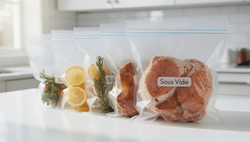 The image features a variety of reusable silicone sous vide bags designed for sous vide cooking, showcasing their versatility for food storage and preservation. These bags are ideal for vacuum sealing, helping to remove air and prevent freezer burn, making them a sustainable alternative to single-use plastic bags.