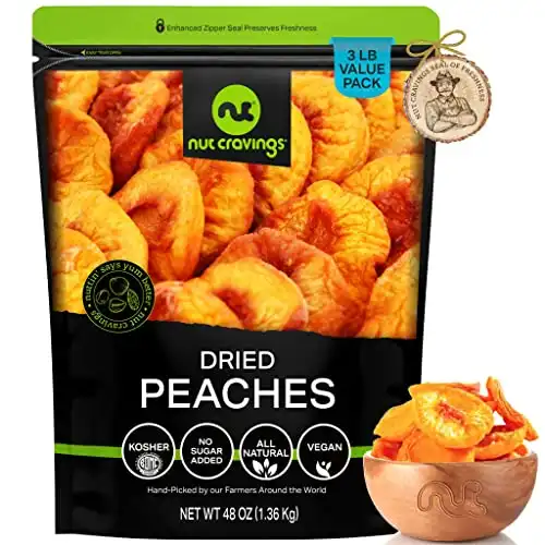 Sun Dried California Peaches, No Sugar Added (48oz - 3 LB) Packed Fresh in Resealable Bag - Sweet Fruit Snack Treat - Healthy Food, All Natural, Vegan, Kosher Certified