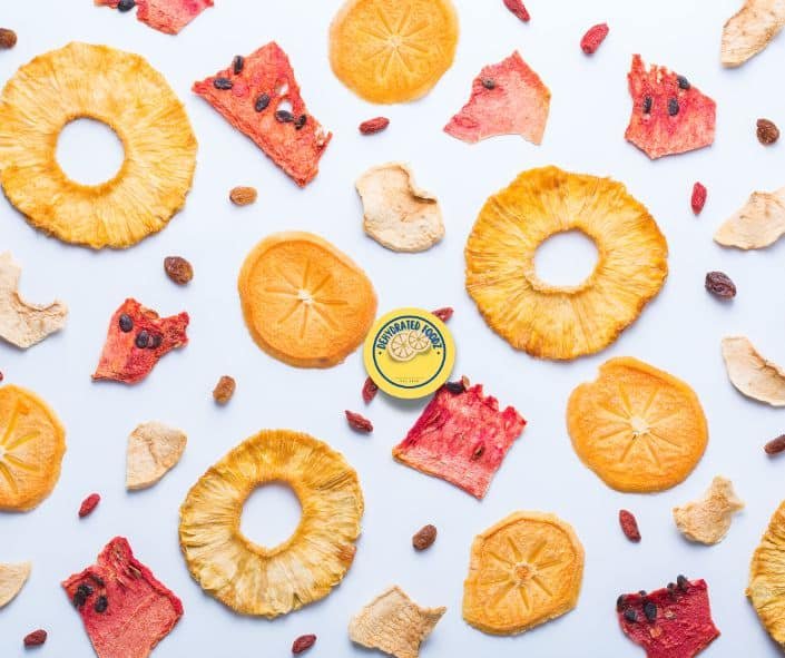 dried fruits, dried persimmon, watermelon, apple chips on white background.