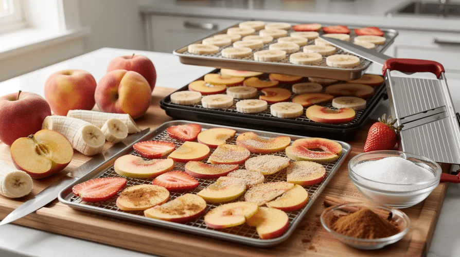 The image depicts a variety of sliced fruits, including apples, bananas, peaches, and strawberries, arranged on dehydrator trays ready for the dehydration process. These fruits, once dried, will become chewy snacks that preserve their sweetness and nutritional value, making them ideal for long-term food storage.