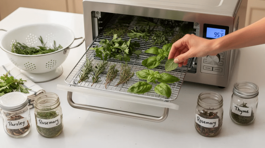 The image depicts a food dehydrator filled with various herbs spread evenly across the dehydrator trays, showcasing the food dehydration process aimed at preserving flavor and nutritional value. After drying at low temperatures, the herbs can be stored in airtight containers for long-term food storage, ensuring they remain completely dry and retain their taste.