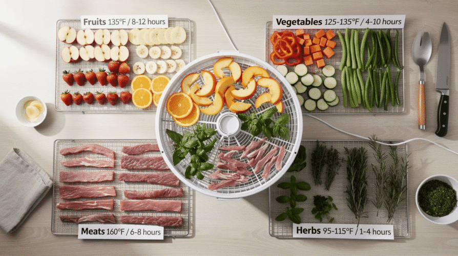 The image depicts a variety of fruits and vegetables neatly arranged on food dehydrator trays, showcasing sliced fruit like bananas and apples alongside thinly cut bell peppers and green beans. This visual emphasizes the proper preparation for food dehydration, highlighting the importance of uniform thickness and the drying process for preserving nutritional value and flavor in dehydrated foods.