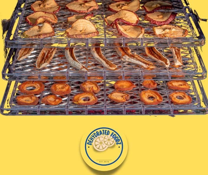 dehydrated food on dehydrator trays on a yellow background with Dehydrated Foodz circular logo at the bottom.