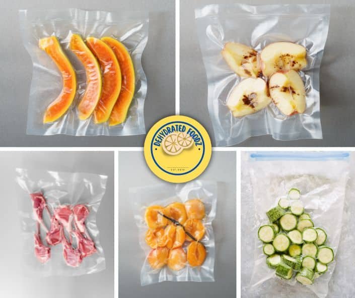 sliced papaya, dried apple chips, lamb chop, apricots and zucchini in seperate vacuum sealed bags.