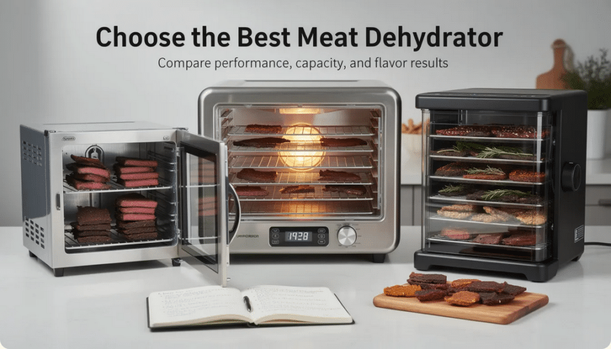 The image showcases a top-rated food dehydrator featuring stainless steel trays and square racks, ideal for making homemade beef jerky and drying various foods. It highlights important features such as adjustable temperature settings, a fan for even drying, and additional trays for increased drying capacity.