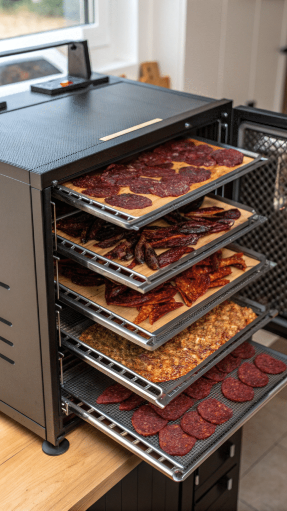 Dehydrator tray with jerky.