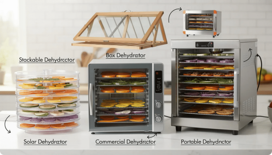 The image showcases various types of food dehydrators, including models with stainless steel trays and square trays, designed for making homemade beef jerky and drying different foods like fruits, vegetables, and meats. Each dehydrator features important elements such as temperature control, a fan for air circulation, and options for additional trays, making it easier to prepare big batches of jerky or dried snacks.