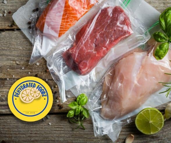 beef,chicken and salmon in vacuum sealed bags on wooden table. yellow logo