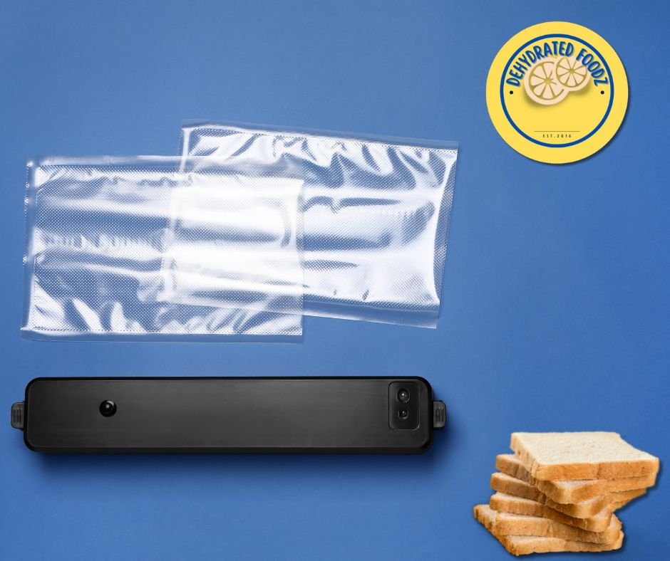 Sealer for vacuum sealing with bags on a midnight blue background, picture of sliced bread and site logo
